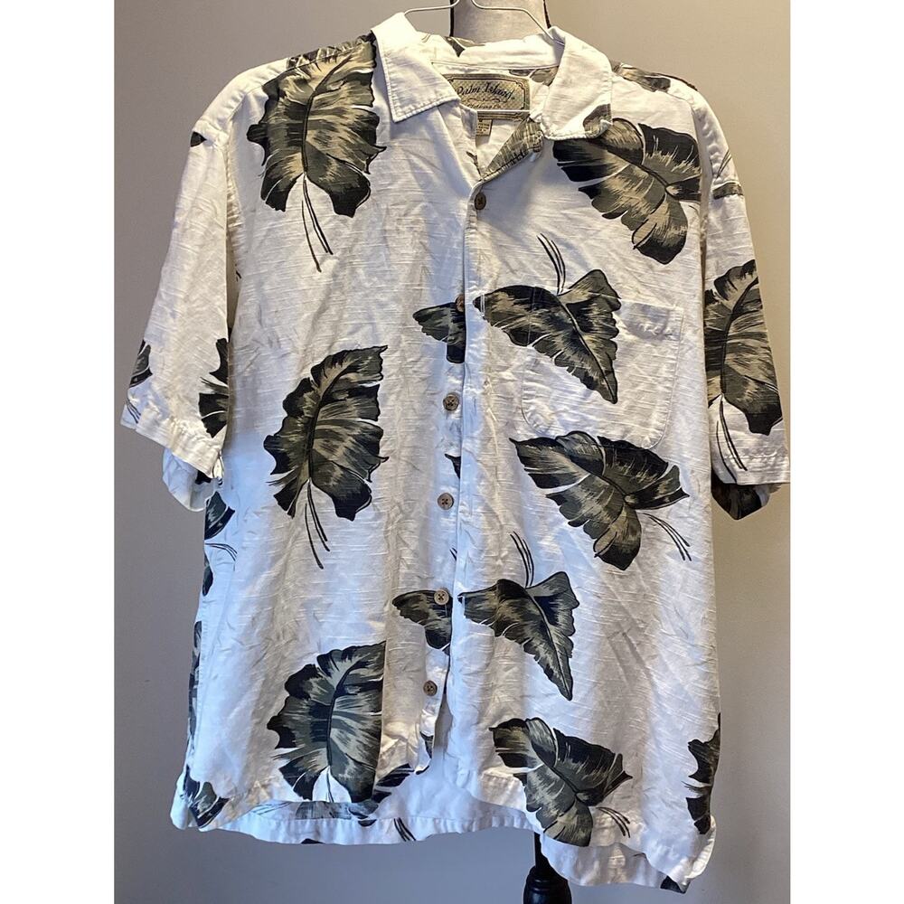 Classic Vintage Palm Island Hawaiian Print Shirt in White with Leaves